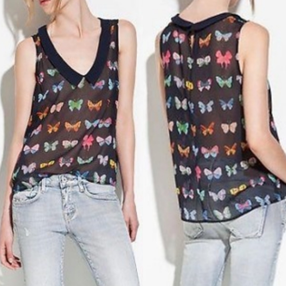 ZARA Peter Pan Collar Sheer Butterfly Print Blouse Sz S